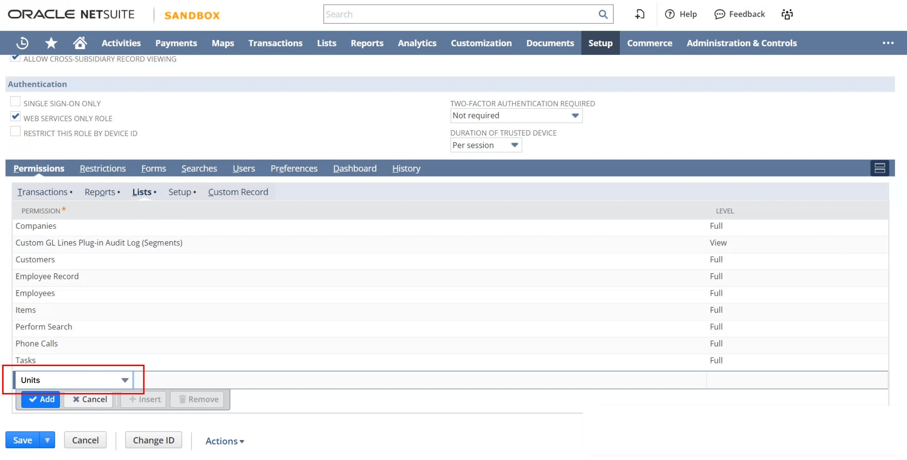 The Oracle NetSuite permissions setup page displays various user roles and access levels, seamlessly integrating with the NetSuite API. "Units" is highlighted in the dropdown menu for customization. Save and Cancel buttons are conveniently located at the bottom.