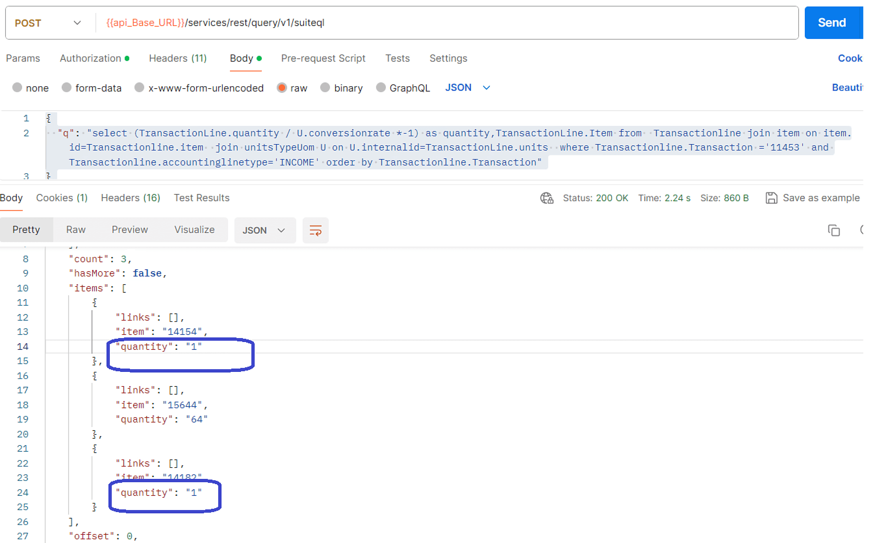 Screenshot of a POST request interface using the NetSuite API, displaying JSON data. Items are listed with "item": "14545" and "quantity": "1" highlighted. Multiple headers and preview tabs are visible, offering a comprehensive view of the interaction details.