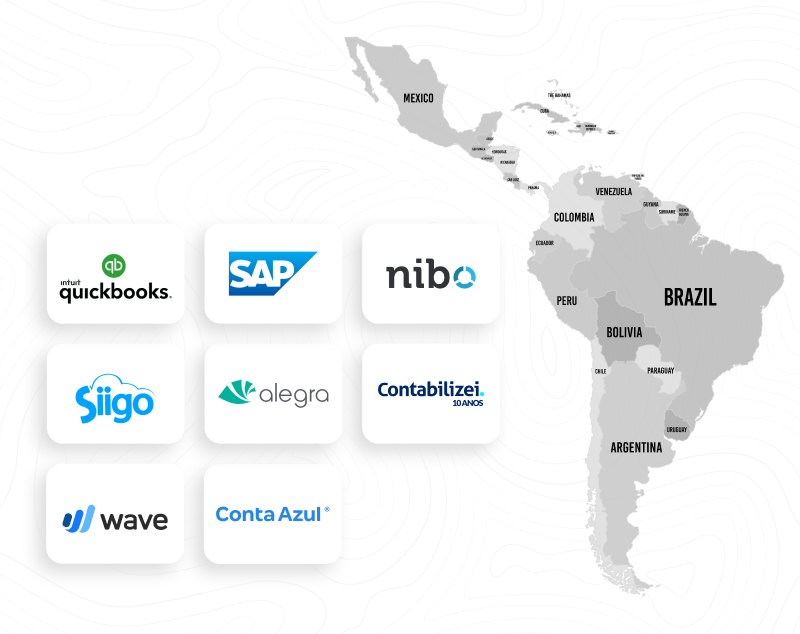 Map of Latin America featuring logos of top accounting software companies: QuickBooks, SAP, Nibo, Siigo, Alegra, Contabilizei, Wave, and Conta Azul on the left.