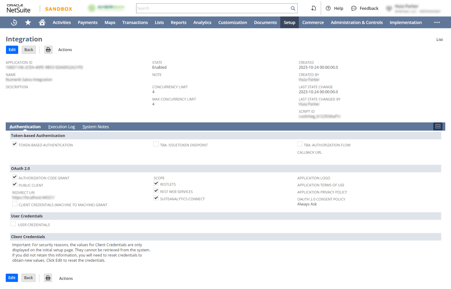 Screenshot of a NetSuite Integration setup page, showing details about the application, authentication, and OAuth 2.0 settings. Options for Edit and Actions are included.