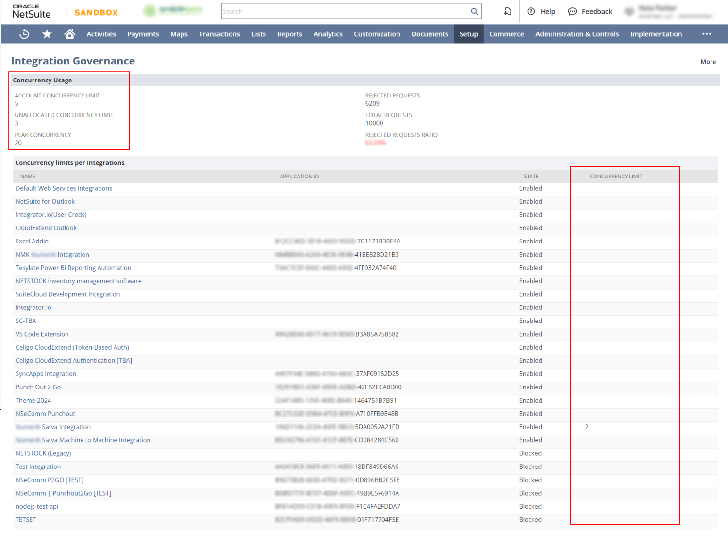 A screenshot of a software interface showing Integration Governance settings for Netsuite integration. Lists of applications under concurrency limits are displayed with statuses such as Enabled and Blocked. Concurrency units are noted.