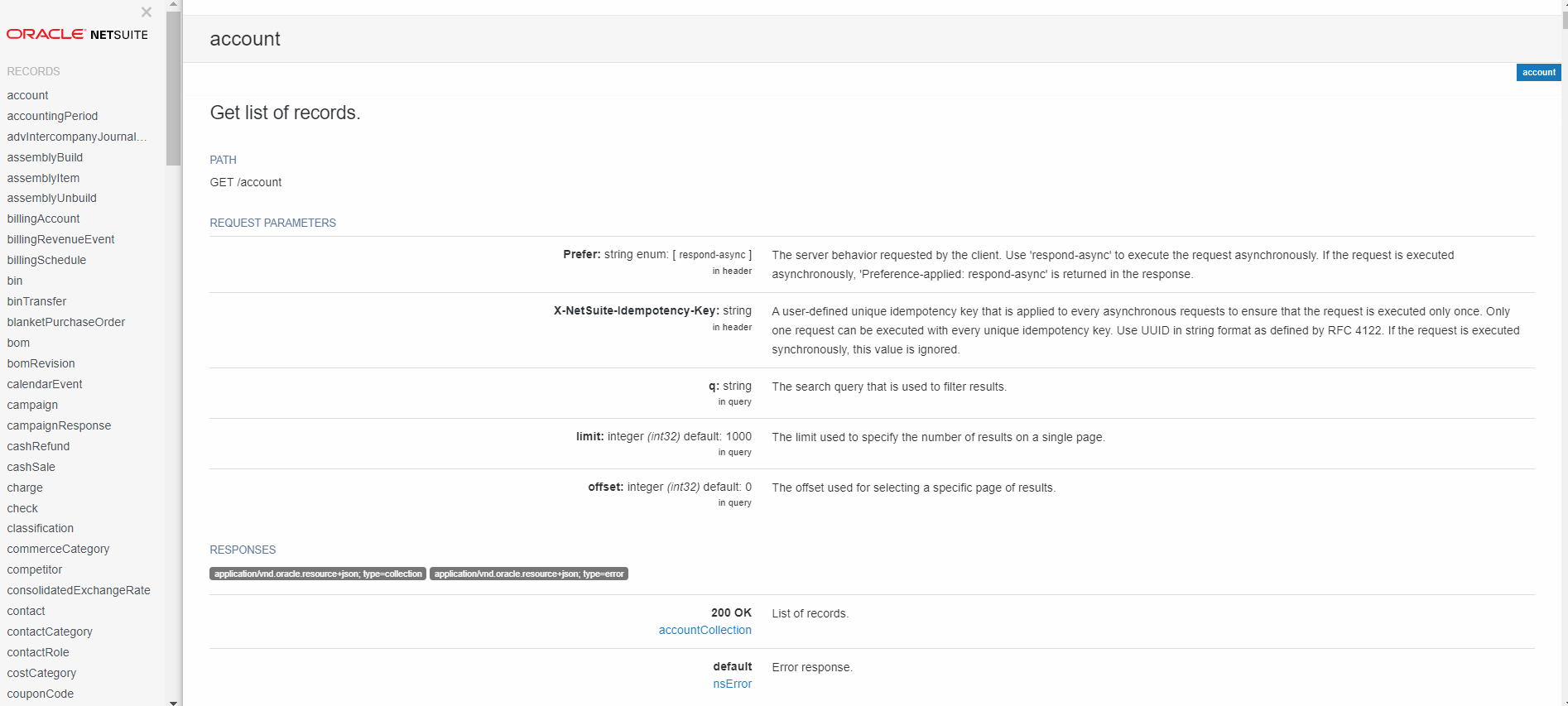 Screenshot of Oracle REST API documentation for the "account" resource, featuring request parameters like "prefer", "X-Auto-Interweaving-Config", "limit", and "offset". Additionally, it covers possible responses and highlights how Netsuite integration can streamline operations.