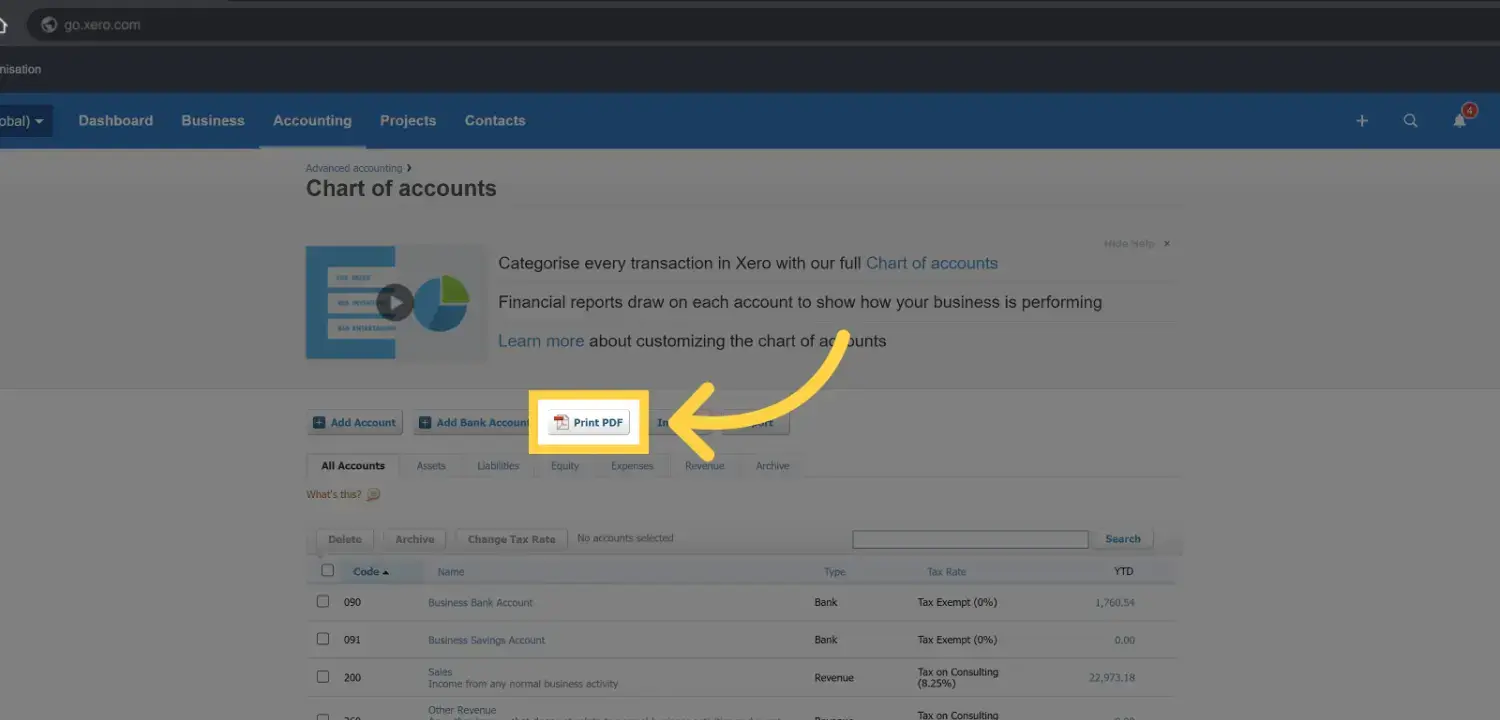 Screenshot of an accounting software interface displaying a "Chart of accounts" page. An arrow points to a button labeled "Print PDF" highlighted in a box for emphasis.