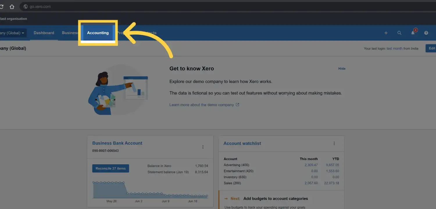 Screenshot of an online accounting software dashboard highlighting the "Accounting" menu tab with a yellow arrow. The dashboard displays account balances, recent transactions, and account watchlist.