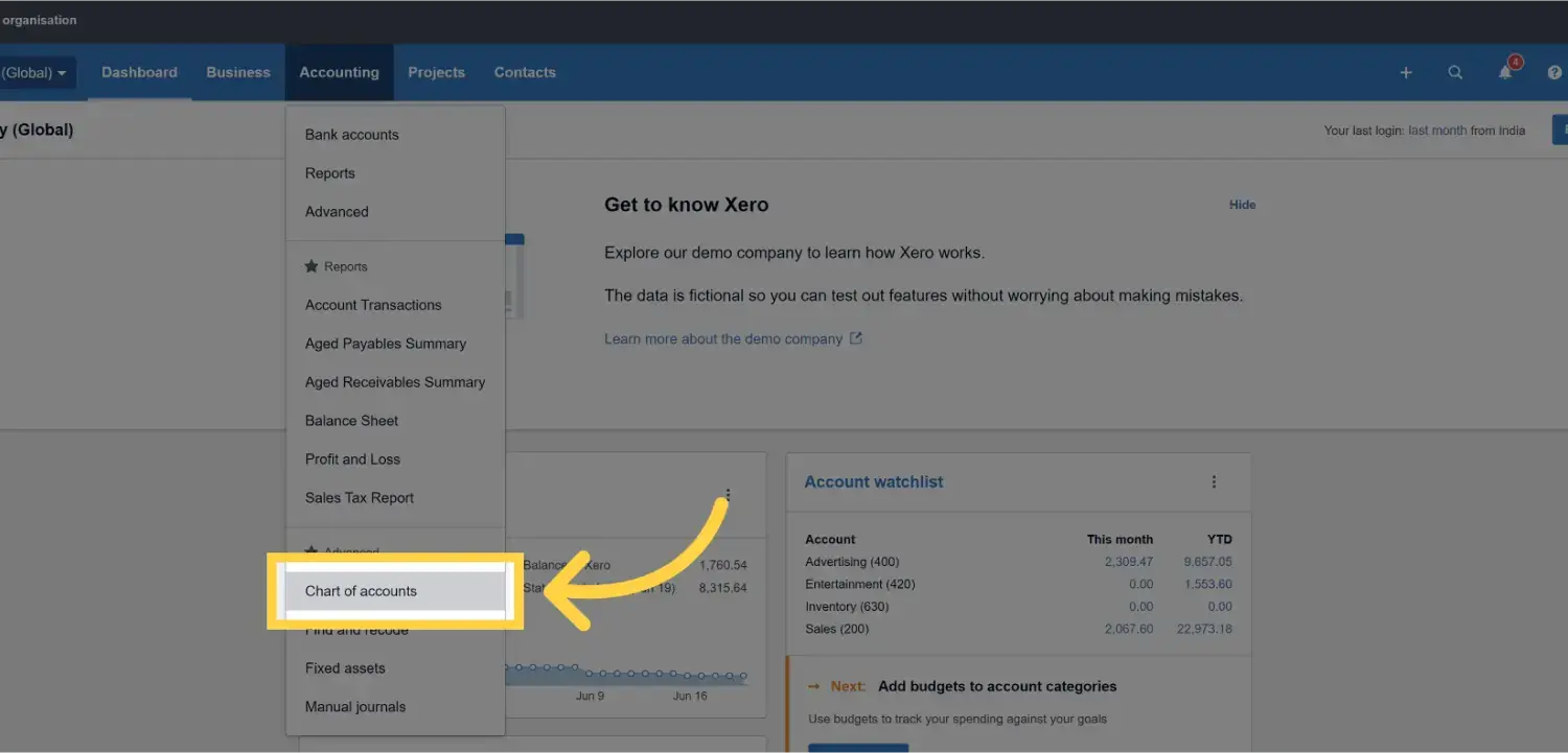 A screenshot of the Xero accounting software interface showing the "Chart of Accounts" section highlighted with an arrow pointing to it. Other menus like "Dashboard" and "Contacts" are visible at the top.