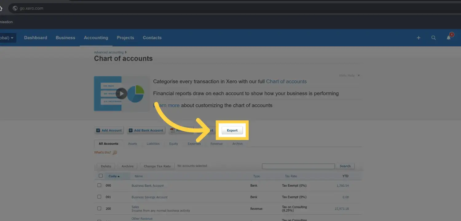 Screenshot of accounting software interface showing a 'Chart of accounts' section and highlighting a button labeled 'Export' with a yellow arrow.