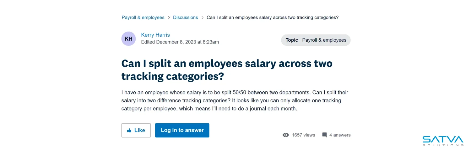 Screenshot of a discussion post on Xero Payroll about splitting an employee's salary across two departments, featuring responses, view count, and a log-in button.