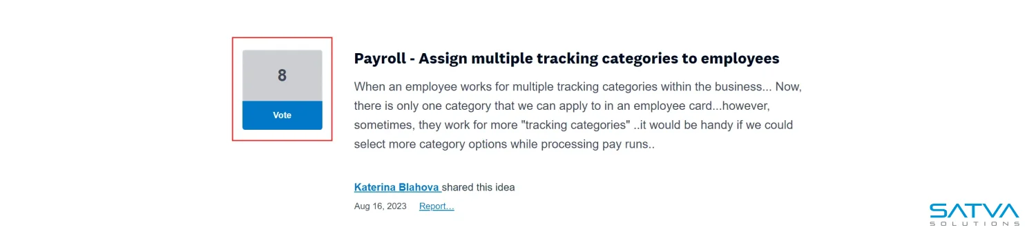 Screenshot showing 8 upvotes for Xero feature request to assign multiple tracking categories to employee, timesheet and payroll setting