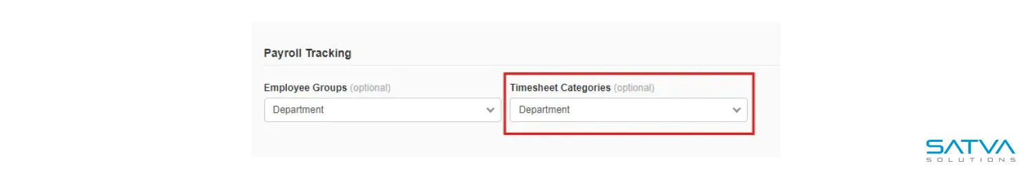 Dropdown menus for "Employee Groups" and "Timesheet Categories," both featuring "Department" as an option, seamlessly integrate with Xero Payroll. Logo of Satva Solutions in the bottom right corner.