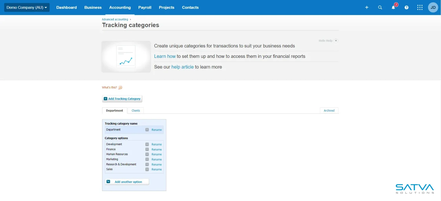 Screenshot of a tracking categories page in business software, similar to Xero Payroll, showing options to add new categories and configure existing ones. Includes sections for department management and the ability to archive them efficiently.