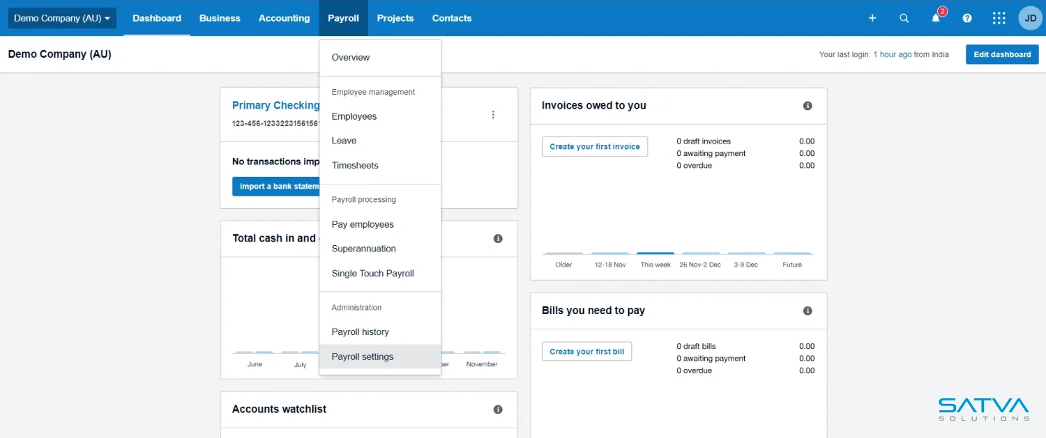 Screenshot of a company dashboard featuring Xero Payroll options, highlighting sections like primary checking, invoices, bills, accounts watchlist, and a handy dropdown menu for payroll management.