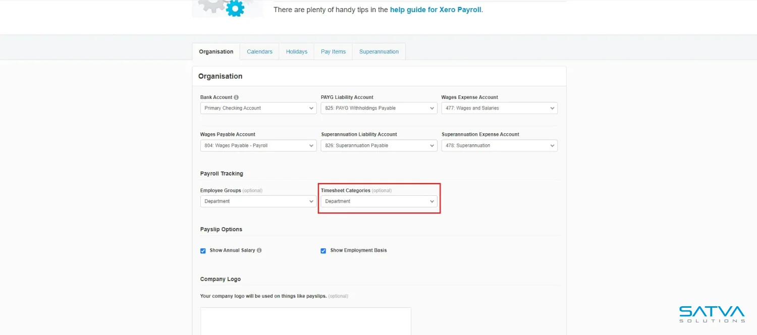 Screenshot of an organization settings page in Xero Payroll software, displaying options for bank accounts, payroll tracking, and payroll options.