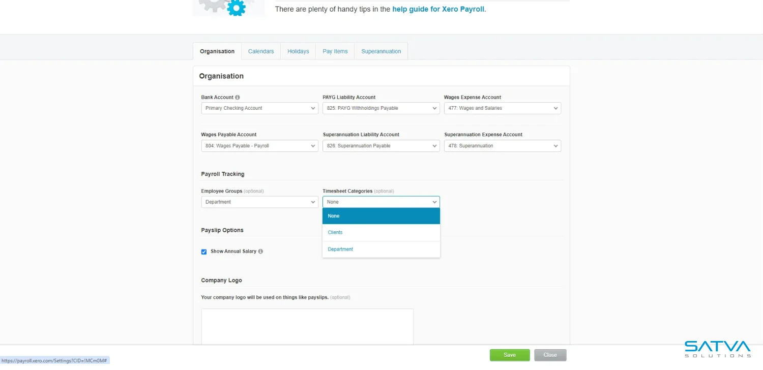 Screenshot of Xero Payroll's organization settings page displaying payroll tracking and pay slip options, complete with a dropdown menu open for timesheet categories.