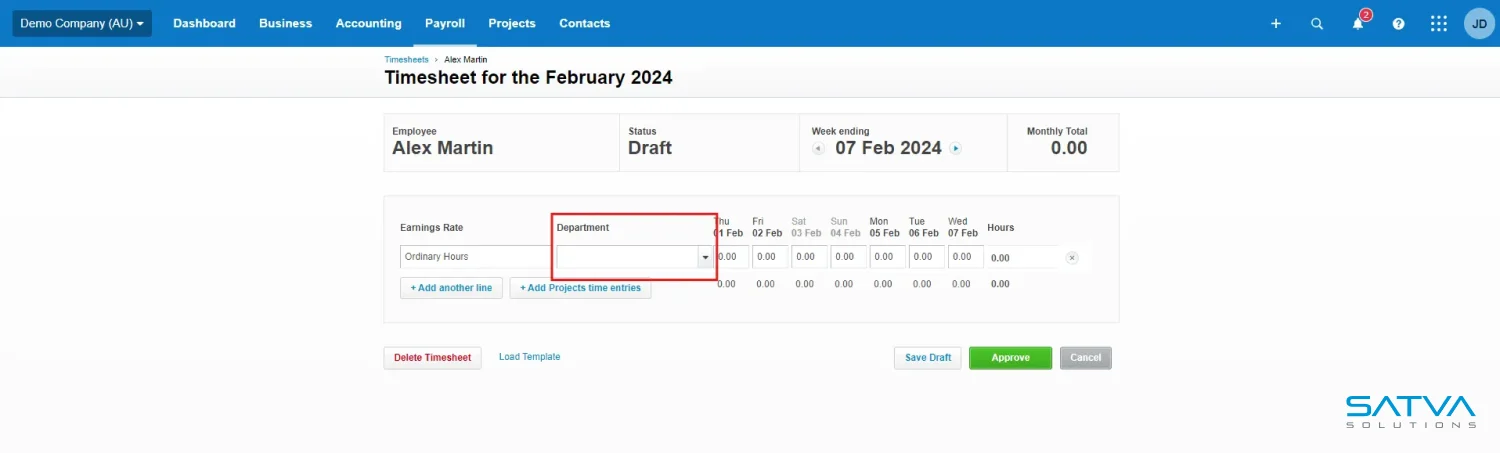 Screenshot of a Xero Payroll timesheet page for February 2024, showing status as draft. It includes fields for ordinary hours and department, along with options to delete, save, or approve the timesheet.