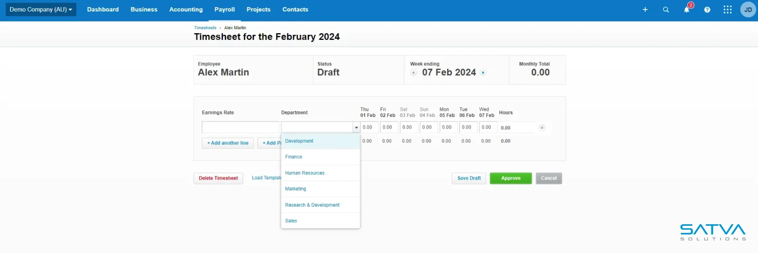 The timesheet draft for February 2024 is displayed on the screen, featuring department selection options and an hours input grid, seamlessly integrated with Xero Payroll.