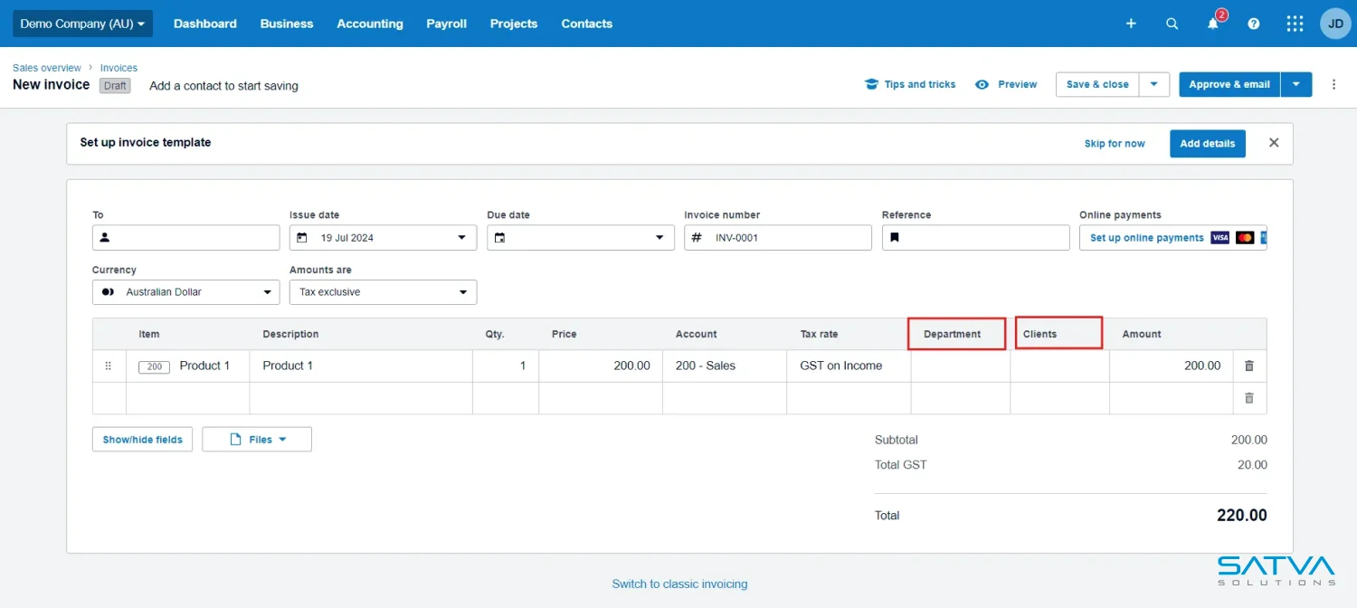 The invoice creation interface integrates seamlessly with Xero Payroll, displaying product details, quantity, price, and tax. It offers options to input department and client information. The total amount is conveniently shown at the bottom as 220.00.