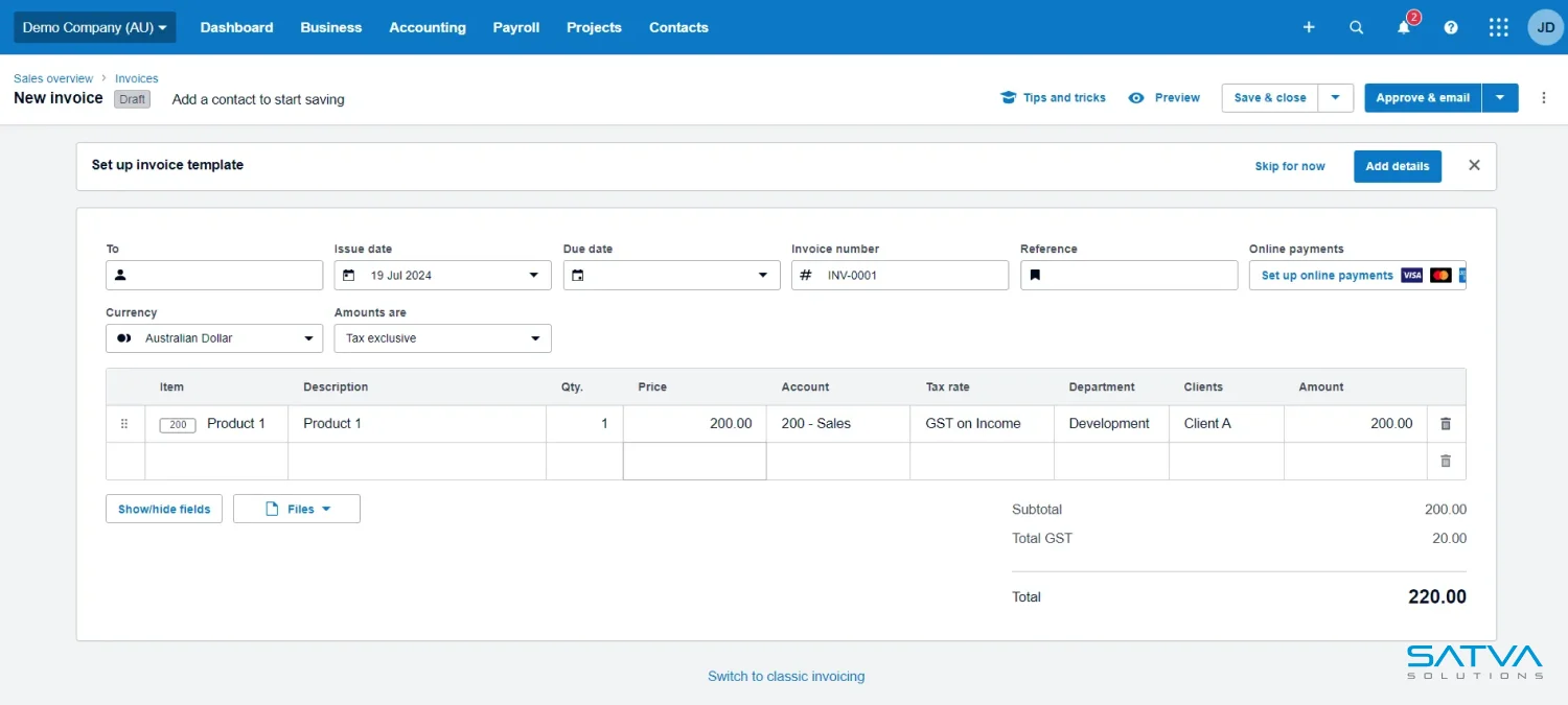 Screenshot of an online invoicing system integrated with Xero Payroll, showcasing a new invoice template. Fields include issue date, due date, invoice number, reference, and line items. Total amount is 220.00.