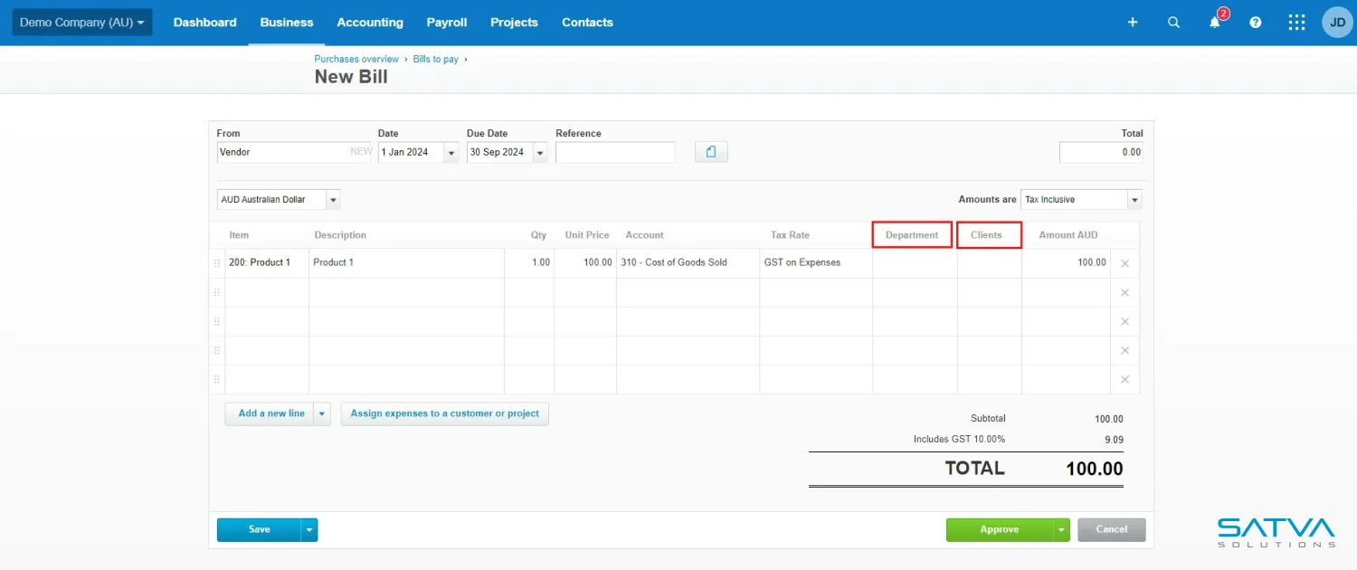 A digital bill form from an accounting software interface, such as Xero Payroll, displays fields for vendor, date, due date, reference, item descriptions, quantity, unit price, account, and total amount.