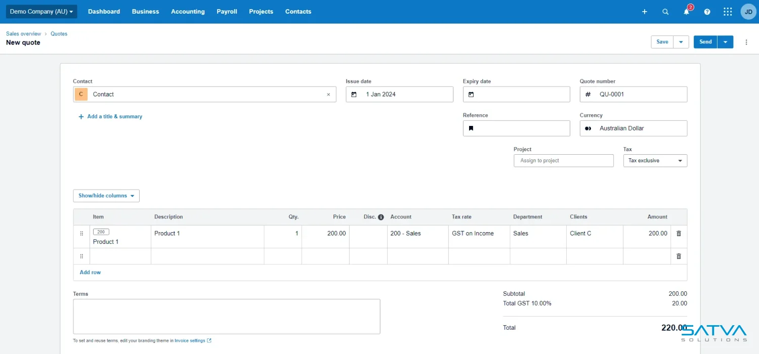 Screenshot of a web application page for creating a new quote, seamlessly integrated with Xero Payroll. Includes fields for contact, date, currency, and items. Totals are displayed at the bottom.