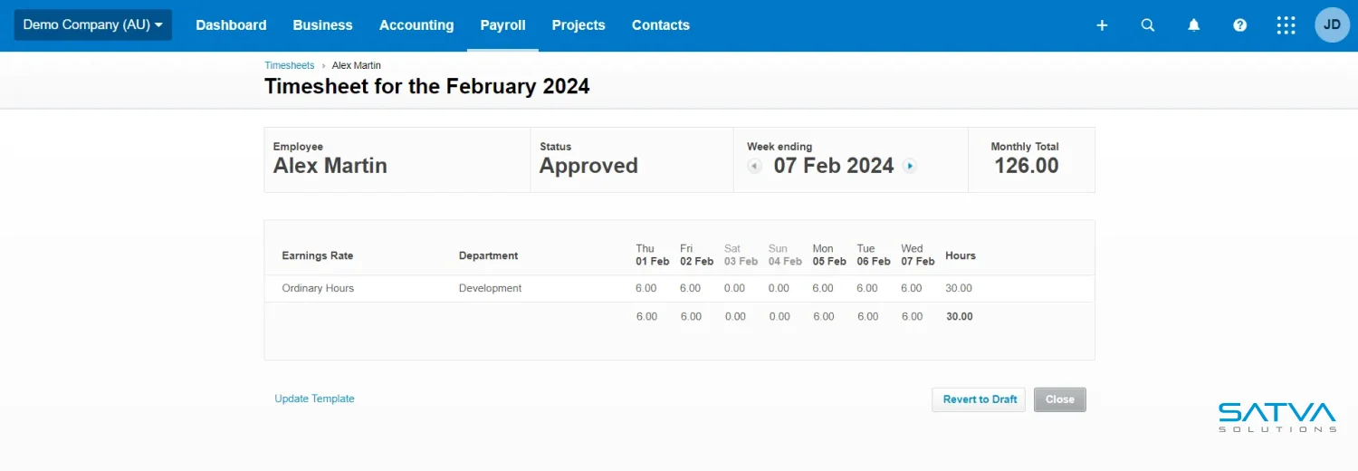 A timesheet for February 2024 in Xero Payroll shows the approved status for Alex Martin with 126 monthly hours, ending on 07 Feb 2024. Earnings detail reveals that 20 hours were dedicated to development work.