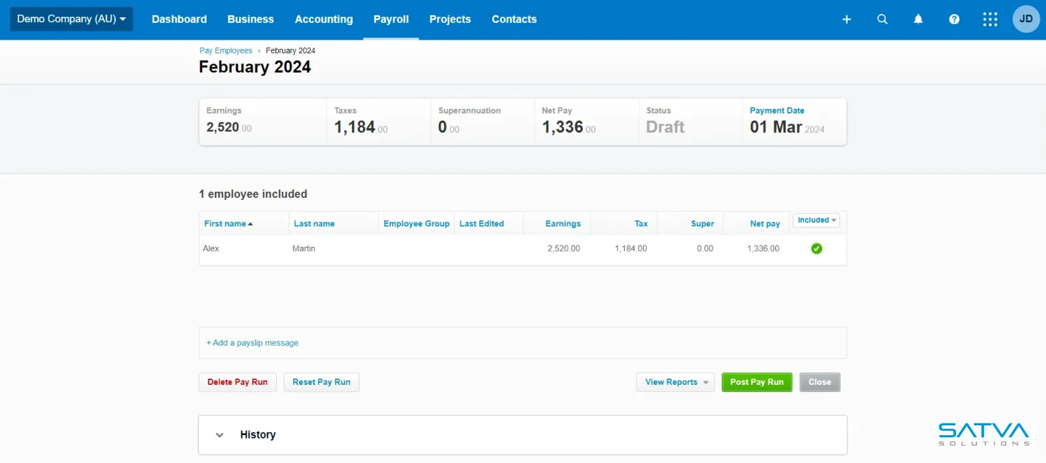 The Xero Payroll dashboard displays a draft for February 2024, featuring details like total earnings (5,280), taxes (1,184), and net pay (1,336) for one employee. The payment date is set for 01 Mar.