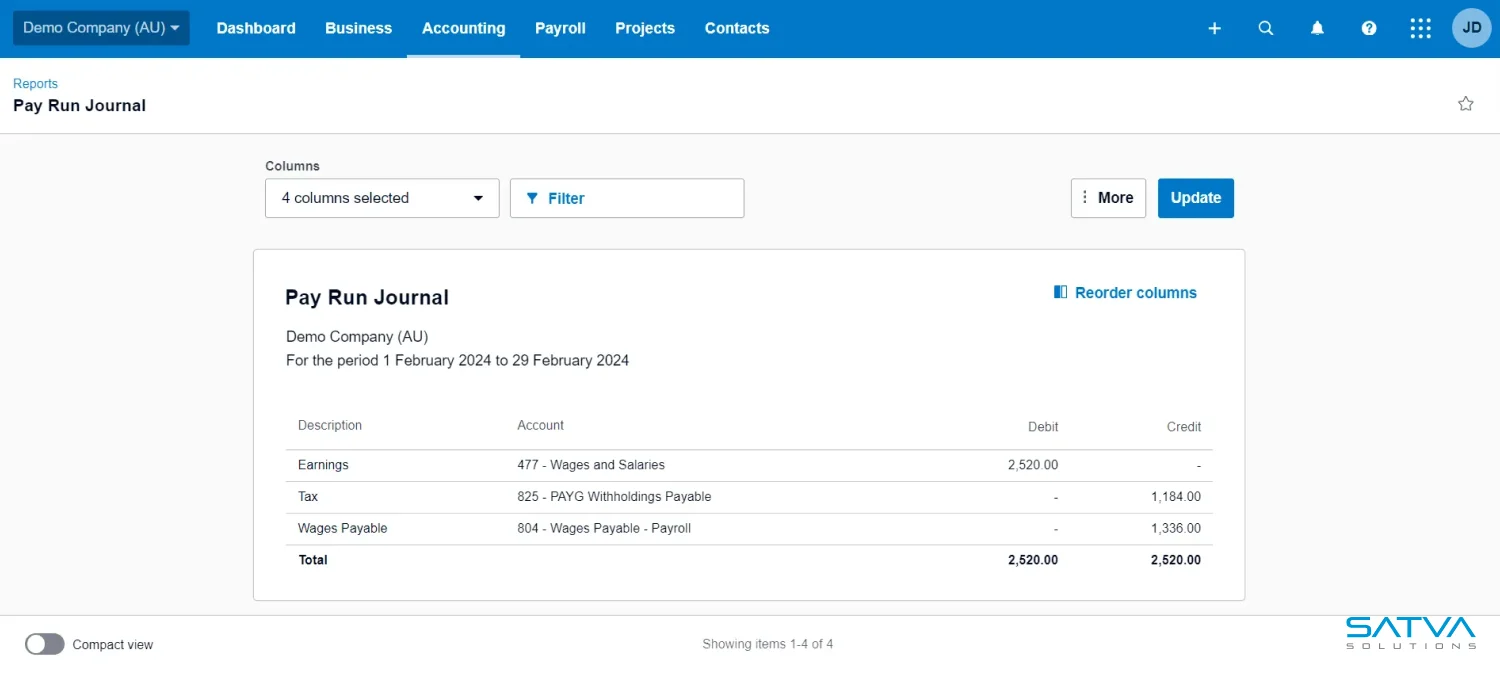 This is a screenshot of a Pay Run Journal report from a demo company using Xero Payroll. It displays wages, windings, and wages payable in a table with account, debit, and credit columns. The total debits and credits both tally up to 2,530.00.