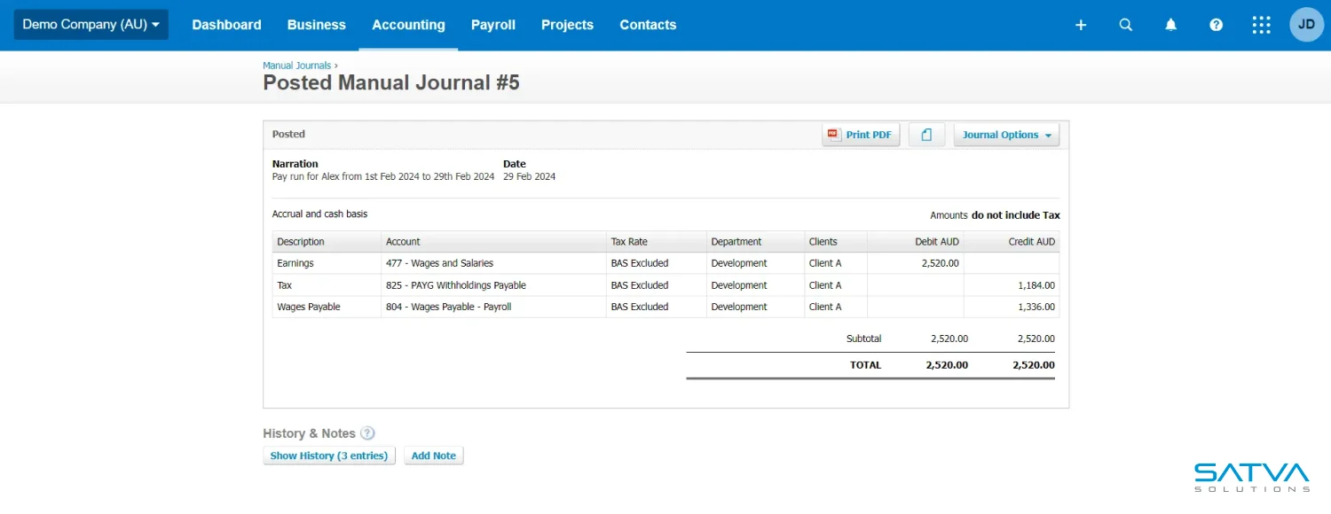 A screenshot of a Xero Payroll manual journal entry displays earnings, taxes, and wages with corresponding accounts and amounts, totaling 2,520.00 AUD.