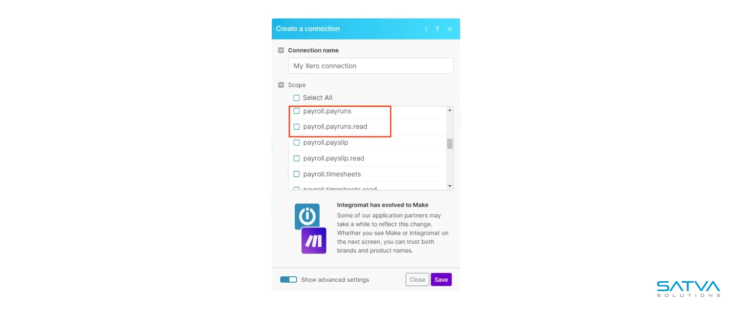 Screenshot of a connection creation window with options to select scopes, including one labeled "paypal.payouts.read" highlighted in a red box. Below, a note discusses Integromat's evolution to Make, highlighting its enhanced integration capabilities with tools like Xero Payroll.