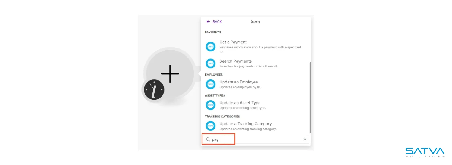 Screenshot of a Xero Payroll interface showing options under 'Payments,' 'Employees,' 'Asset Types,' and 'Tracking Categories.' A search for "pay" is highlighted at the bottom.