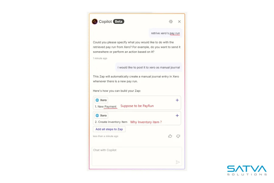 A screenshot of a chat with Copilot Beta discussing a Zap for Xero Payroll. The steps involve creating a new payment in Xero and adding an inventory item. Satva Solutions logo is present.