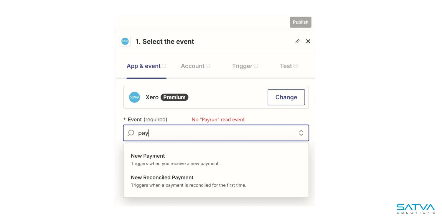 Screenshot of an app interface displaying event selection for Xero Payroll Premium. User enters "pay" in the search field, revealing options such as New Payment and New Reconciled Payment listed below.