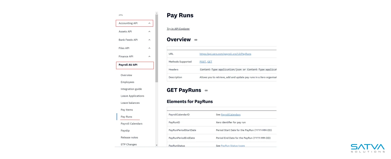 Screenshot of a webpage showcasing the PayRun API, featuring an overview and specifics on the GET PayRuns request. The sidebar includes navigation options related to Xero Payroll for seamless integration insights.