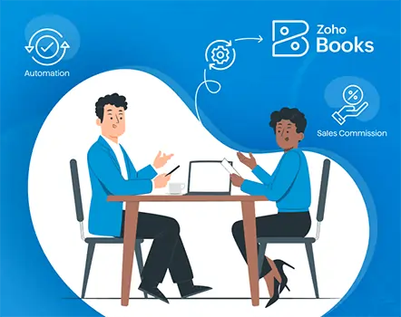 Two individuals are seated at a table discussing documents. The background highlights Zoho Books' automation and sales commission features with corresponding icons and text.