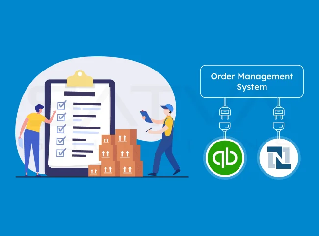 Illustration depicting the integration of an Order Management System with accounting and ERP software, showing icons for QuickBooks and NetSuite connected to a checklist and workers managing boxes.