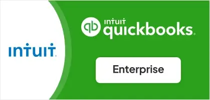 Image showing the Intuit and QuickBooks logos on a green background with the text "Enterprise" inside a white button.