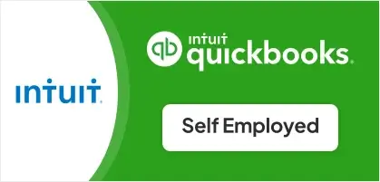 Intuit QuickBooks logo with text "Self Employed" on a green background. The Intuit logo is also present on a white background on the left side.