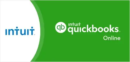 Intuit QuickBooks Online logo featuring Intuit's and QuickBooks' names and logos on a green and white split background.