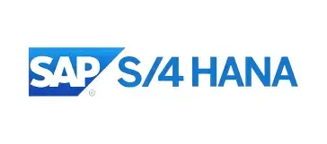 SAP S/4 HANA logo featuring the SAP company logo on the left and S/4 HANA text on the right. The design uses a blue and white color scheme.