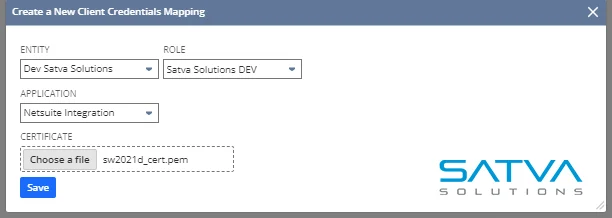 Screenshot of a dialog box titled 'Create a New Client Credentials Mapping' with fields for Entity, Role, Application, and Certificate file upload, alongside a Save button. SATVA Solutions logo is visible.