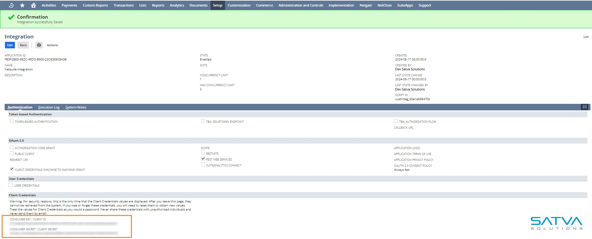 Screenshot of an integration confirmation page for a registration, showing various details such as status, activation details, and system logs. The Satva Solutions logo is displayed in the bottom right corner.