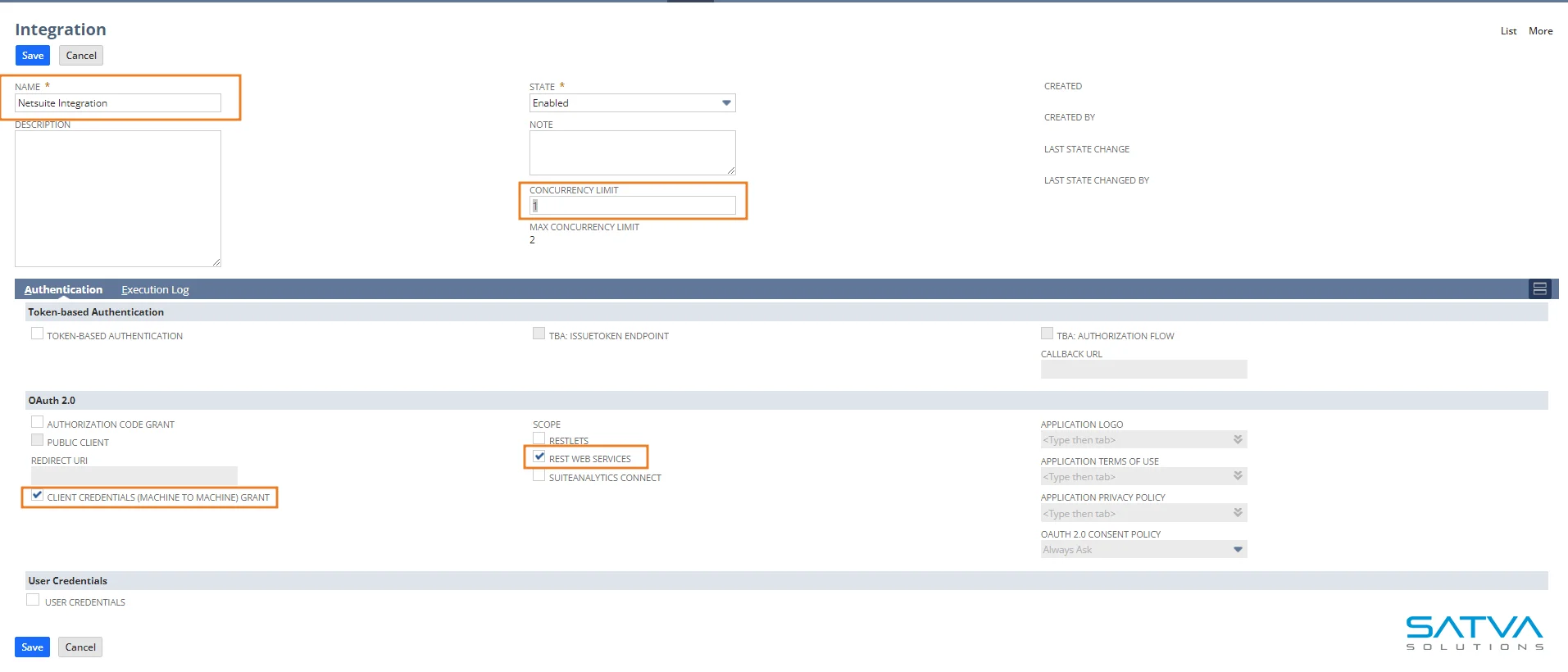 Screenshot of an integration configuration page from a software system, showing settings for authentication and OAuth 2.0. Key fields include Name, Client ID, and Client Secret, with options to enable/disable. For detailed steps, refer to the attached authentication guide for NetSuite M2M integration.