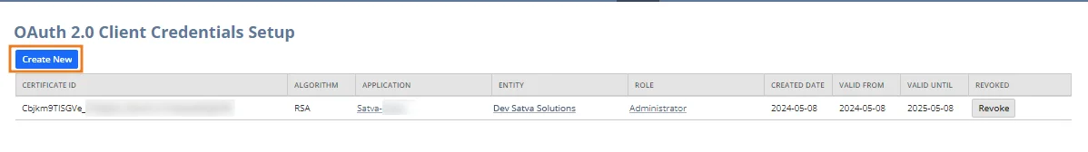 Screenshot of an OAuth 2.0 Client Credentials Setup page showing an option to Create New and a list of credentials with details like certificate ID, algorithm, application, entity, role, and validity dates.