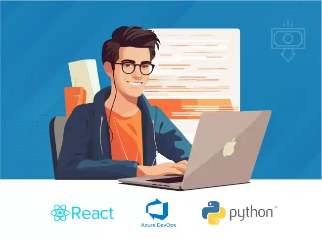 Illustration of a person using a laptop, with logos for React, Azure DevOps, and Python displayed below, highlighting the synergy of staff augmentation in enhancing technological expertise.