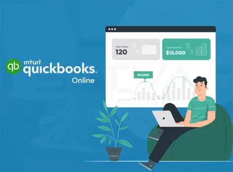 An illustration of a person using a laptop beside an abstract QuickBooks Online interface, seamlessly integrating sales data and graphs with practice management software for optimal efficiency.