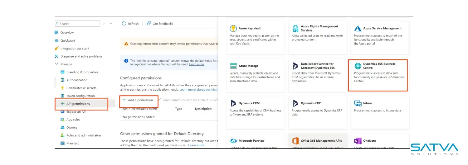 Screenshot of a permissions configuration page showcasing Azure services options, including Service-to-Service (S2S) Authentication and Dynamic 365 Business Central, with a Satva Solutions logo at the bottom right.