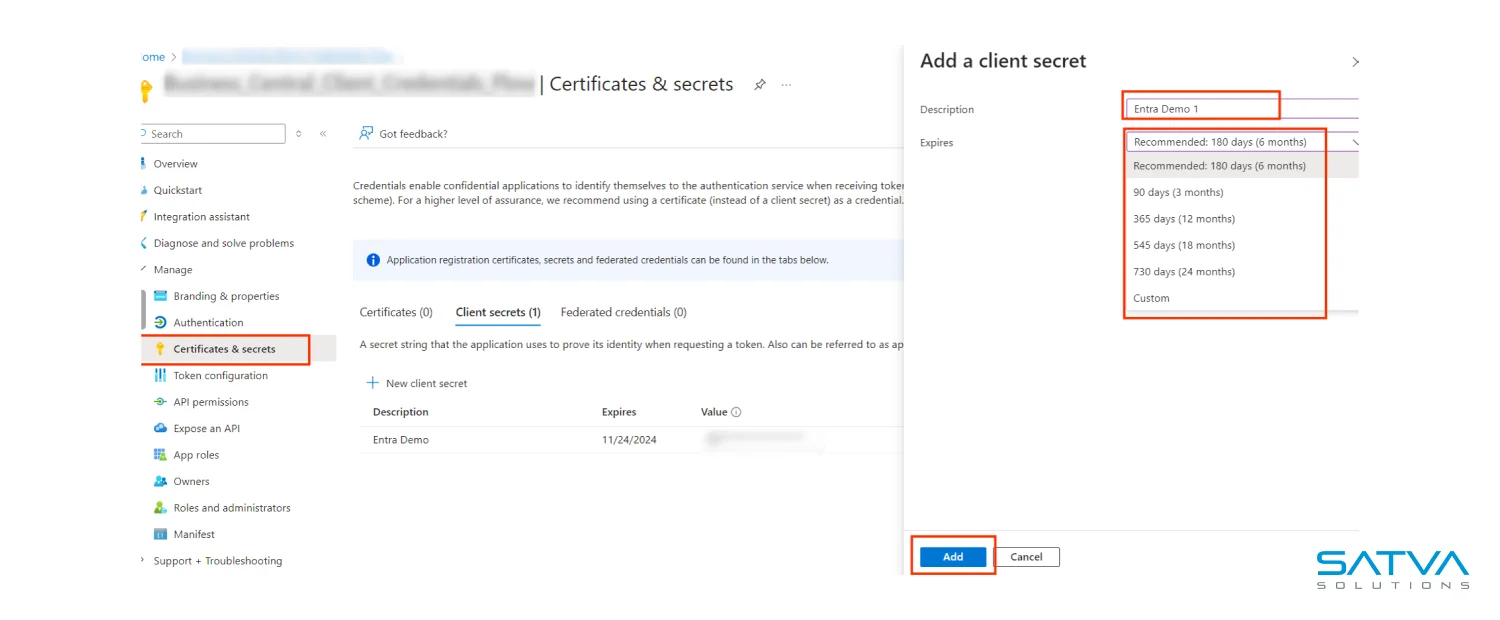 Screenshot of an Azure portal demonstrating Service-to-Service (S2S) Authentication: the creation of a client secret is shown. The Certificates & Secrets tab is open with details filled, and the "Add" button is highlighted for quick access.