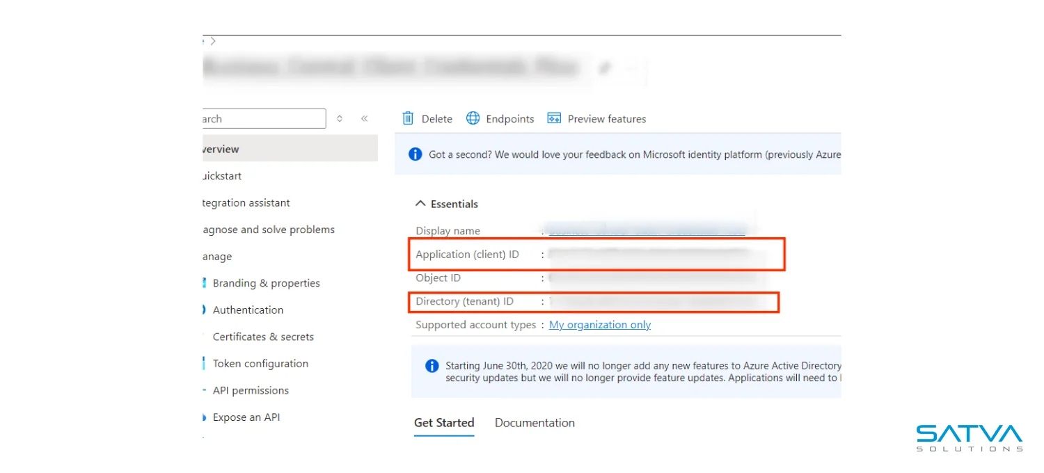 Screenshot of Azure portal displaying application and directory IDs under "Essentials," with highlighted fields for Service-to-Service (S2S) Authentication essentials.