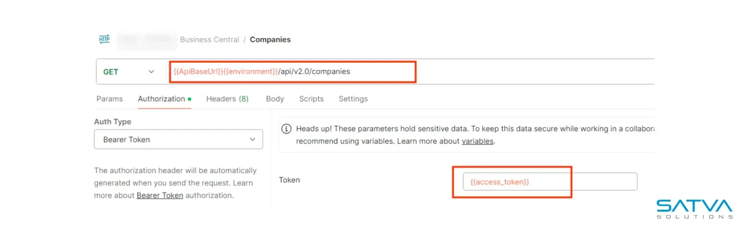 Set up an API request for the 'Companies' endpoint in Postman using Service-to-Service (S2S) Authentication with bearer token authorization.