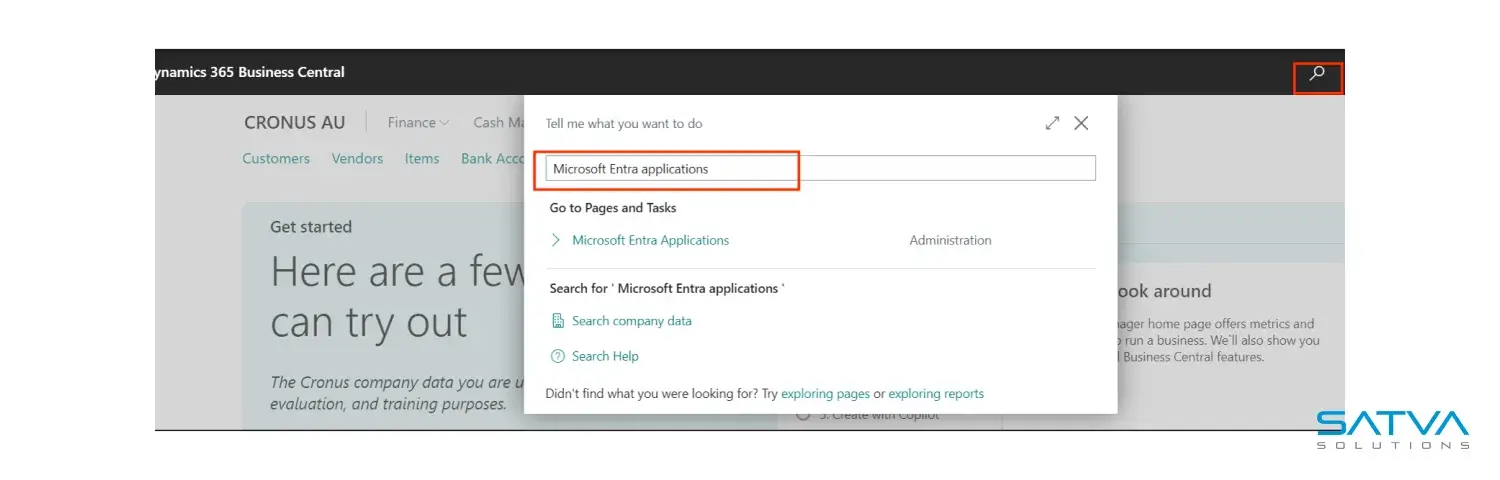 Screenshot of Microsoft Dynamics 365 Business Central interface demonstrating Service-to-Service (S2S) Authentication with a search for "Microsoft data applications," showcasing results and the navigation menu.