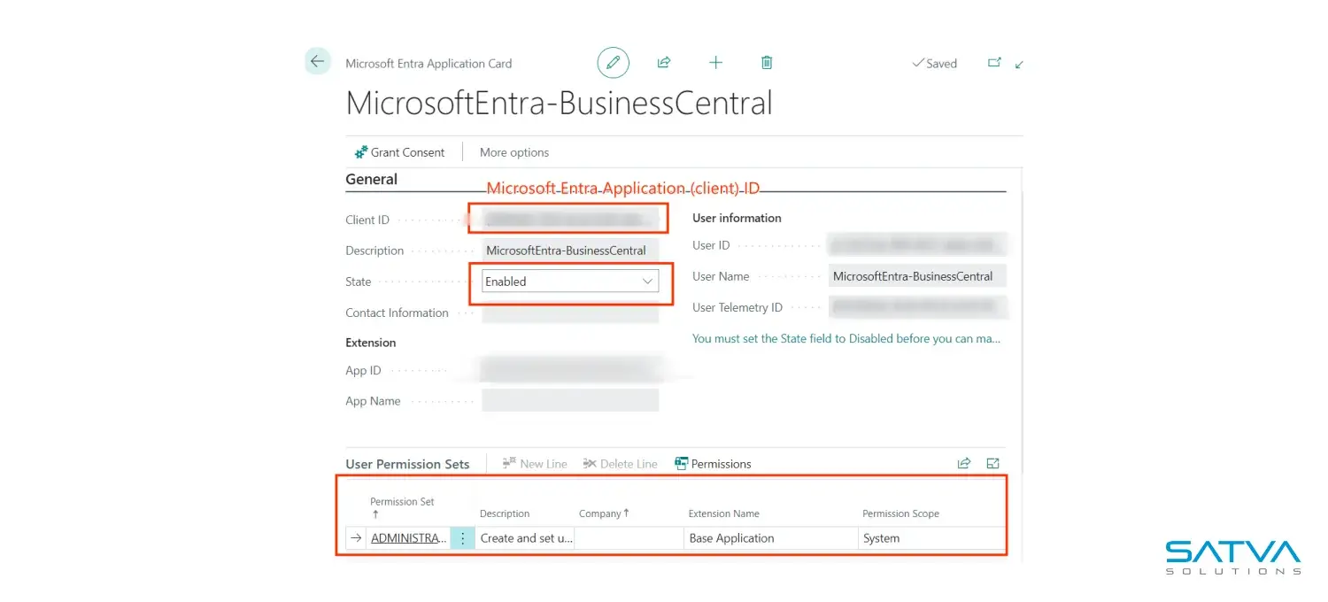 Screenshot of Microsoft Entra Business Central interface displaying general settings with highlighted entries and user permission sets, including an administrator role with system permission scope, seamlessly integrating Service-to-Service (S2S) Authentication for enhanced security.